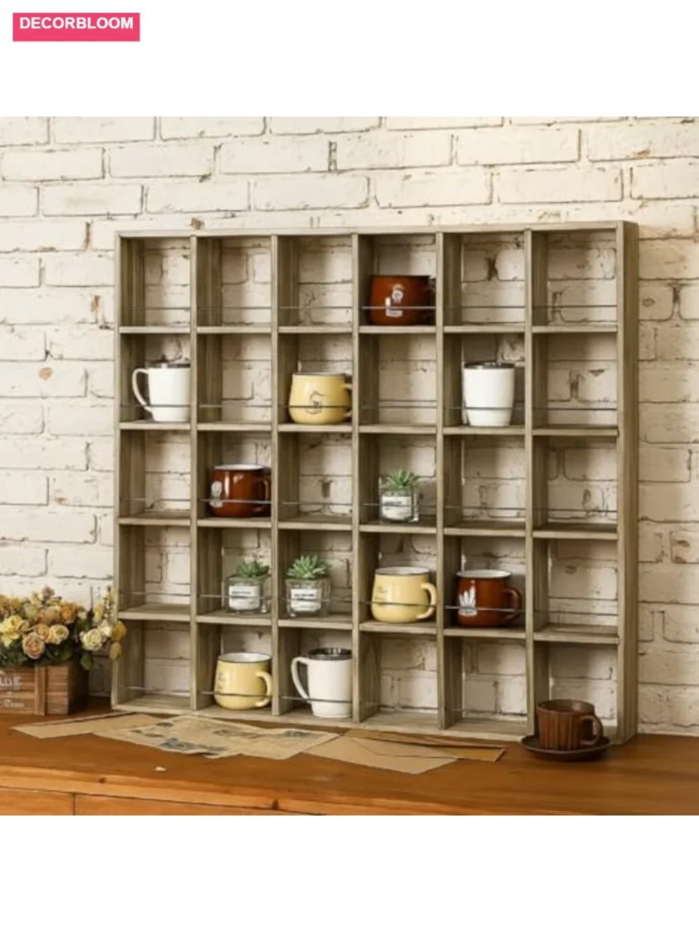 Wooden Wall Mounted Coffee Mug Rack Display Shelf Rustic Organizer Holds 30 Mugs